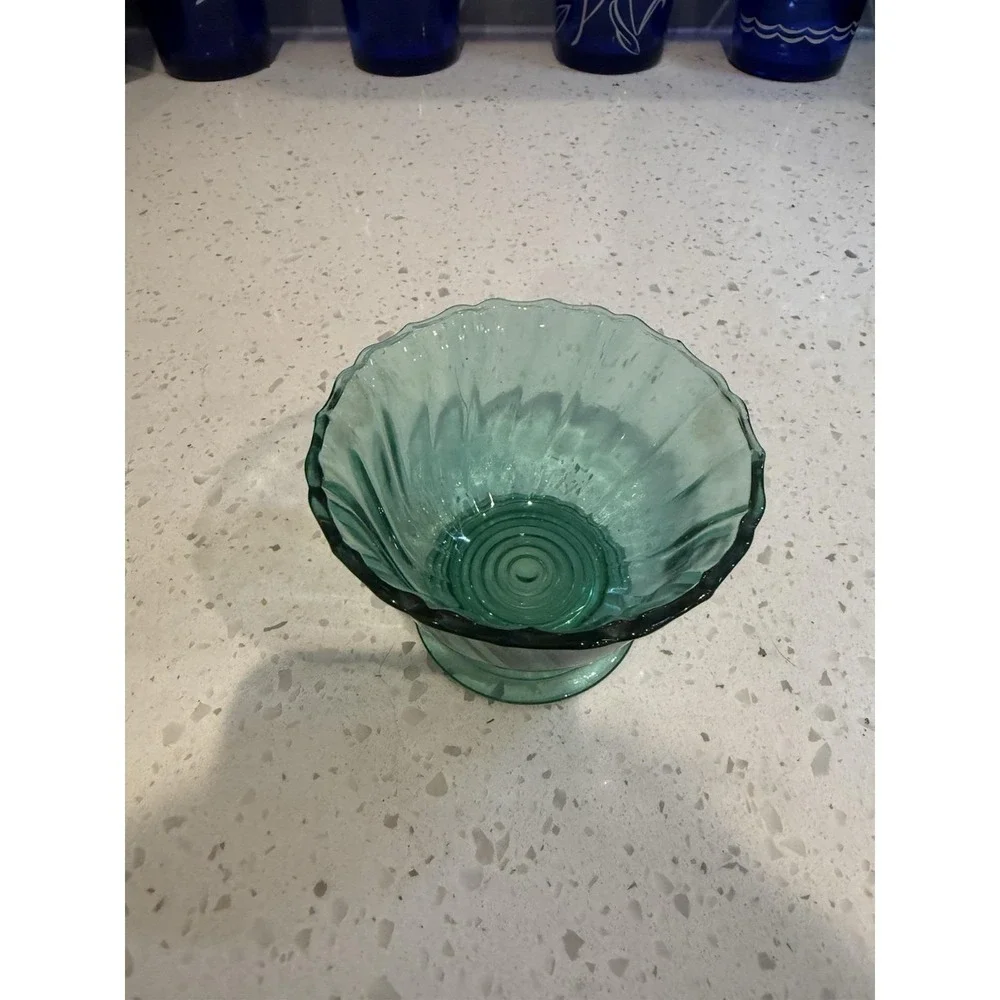Jeannette Petal Swirl Ultramarine Teal Sherbet Bowl Mid Century Depression Glass